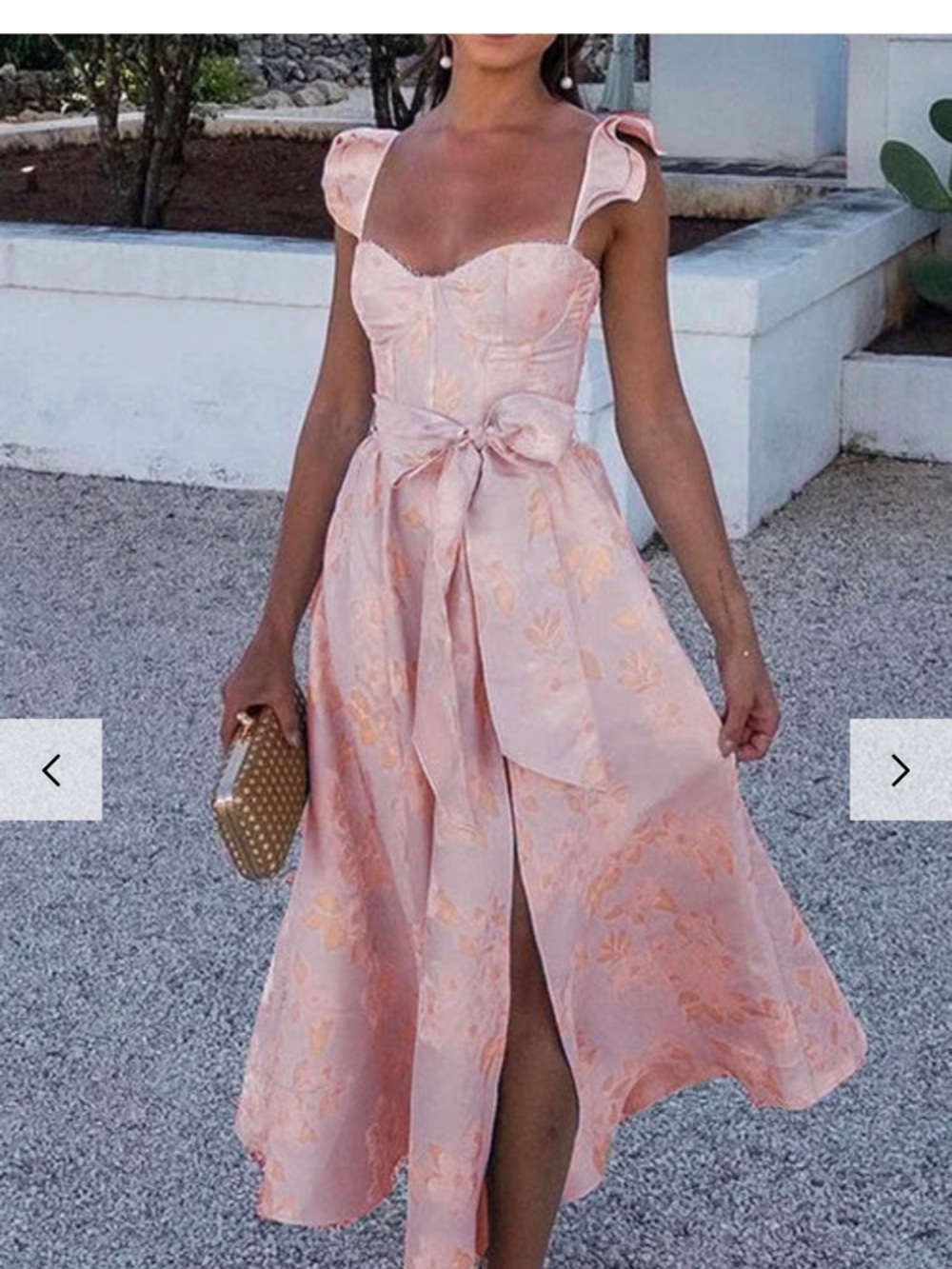 Pink Floral Midi Dress with Bow Waist